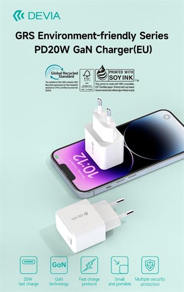 DEVIA CARICA BATTERIA PD 20W GAN USCITA TYPE-C CERTIFICATO GRS