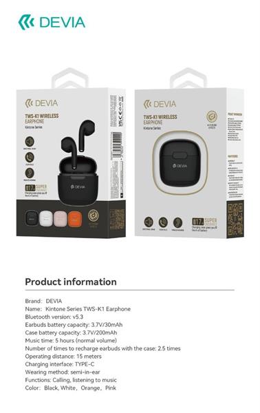 DEVIA AURICOLARI TWS-K1 BLUETOOTH 5.3 EM057 BLACK