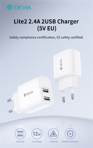 DEVIA CARICABATTERIE 2.4A 2 USCITE USB-A 5V 12W WHITE